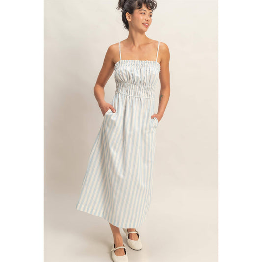 Striped Spaghetti Strap Smocking Midi Dress