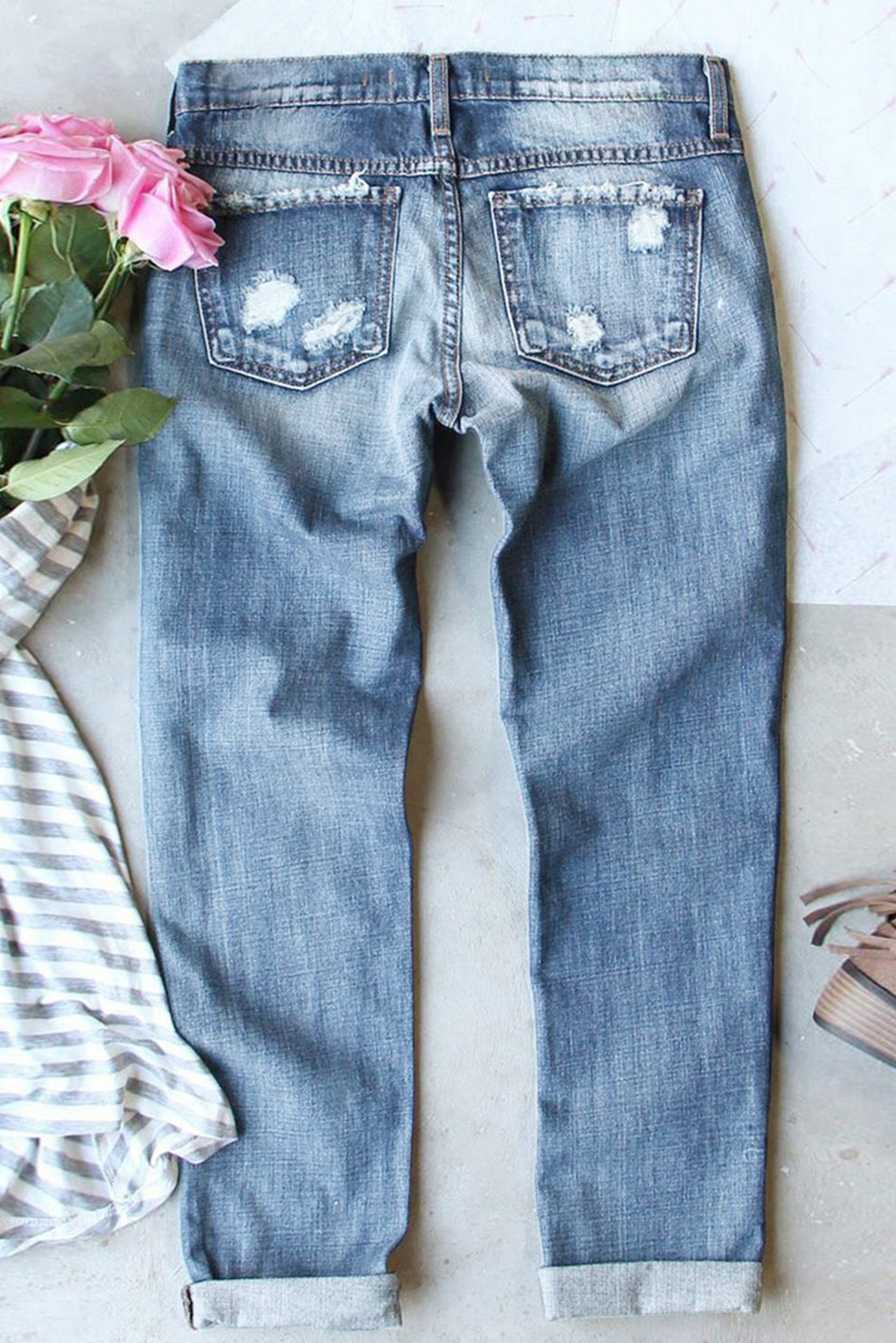 Stars and Stripes Bow Patched Distressed Straight Jeans