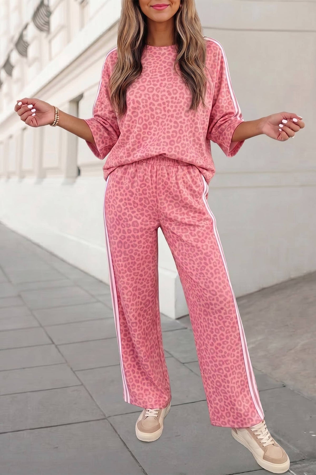 Leopard Print Striped Detail Crewneck Pants Set