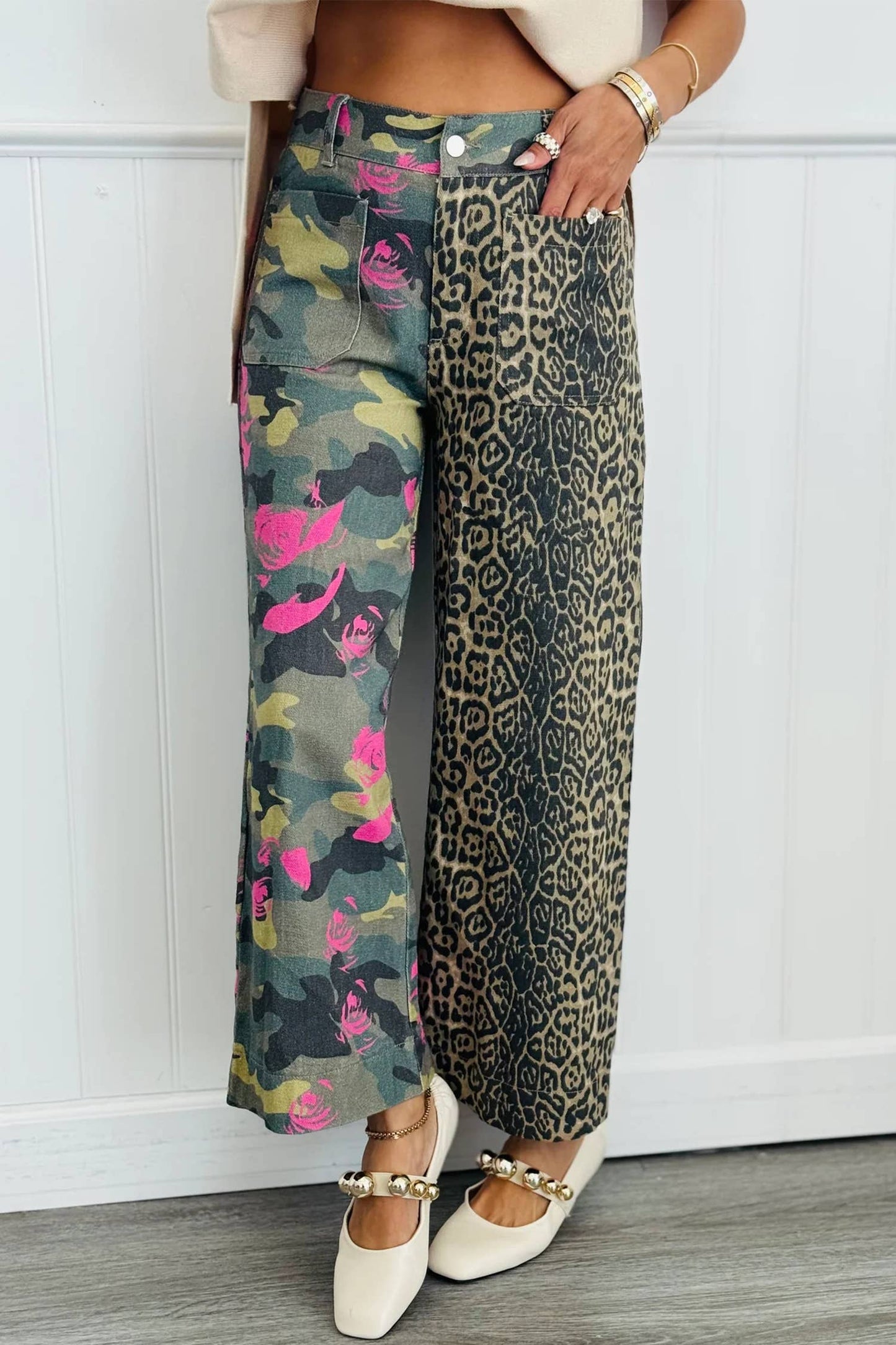 LAS Abstrac Camo Leopard Patchwork Straight Leg Jeans (4-16)