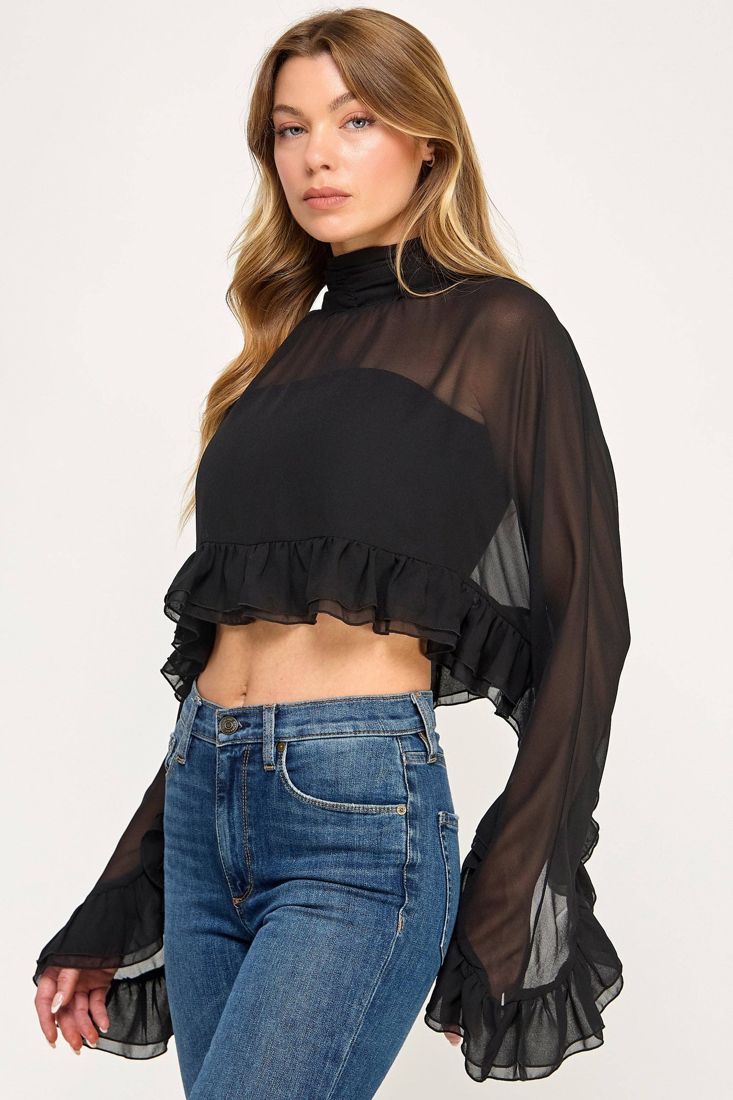 Chiffon Poncho Bell Sleeve Ruffle Crop Top