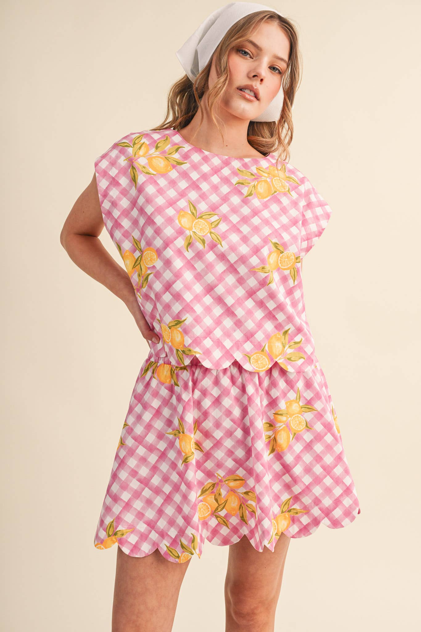 GINGHAM LEMON SCALLOPED TOP & MINI SKORT SET