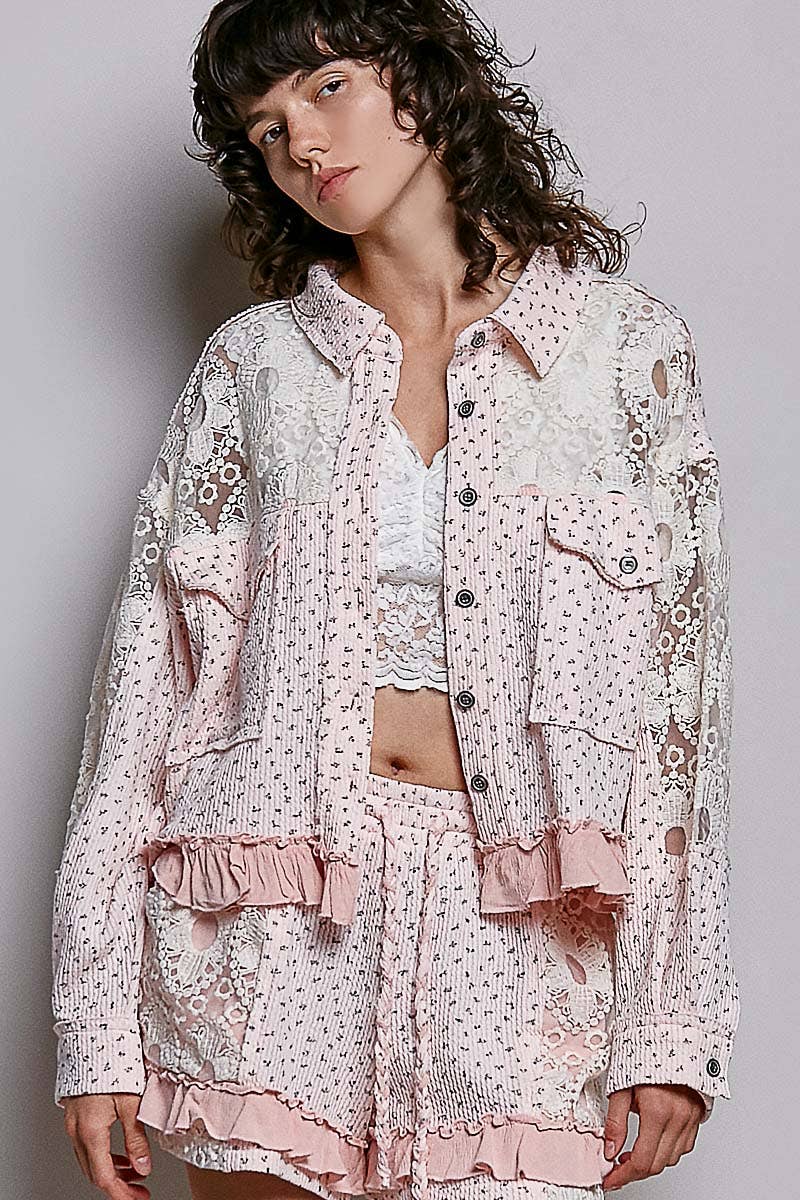 Floral Knit Balloon Sleeve Lace Patch Jacket Top