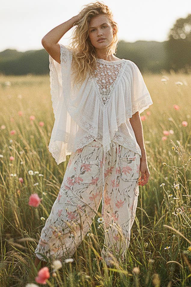 Lace Trim V Ruffle Detail Textured Woven Short Sleeve Top