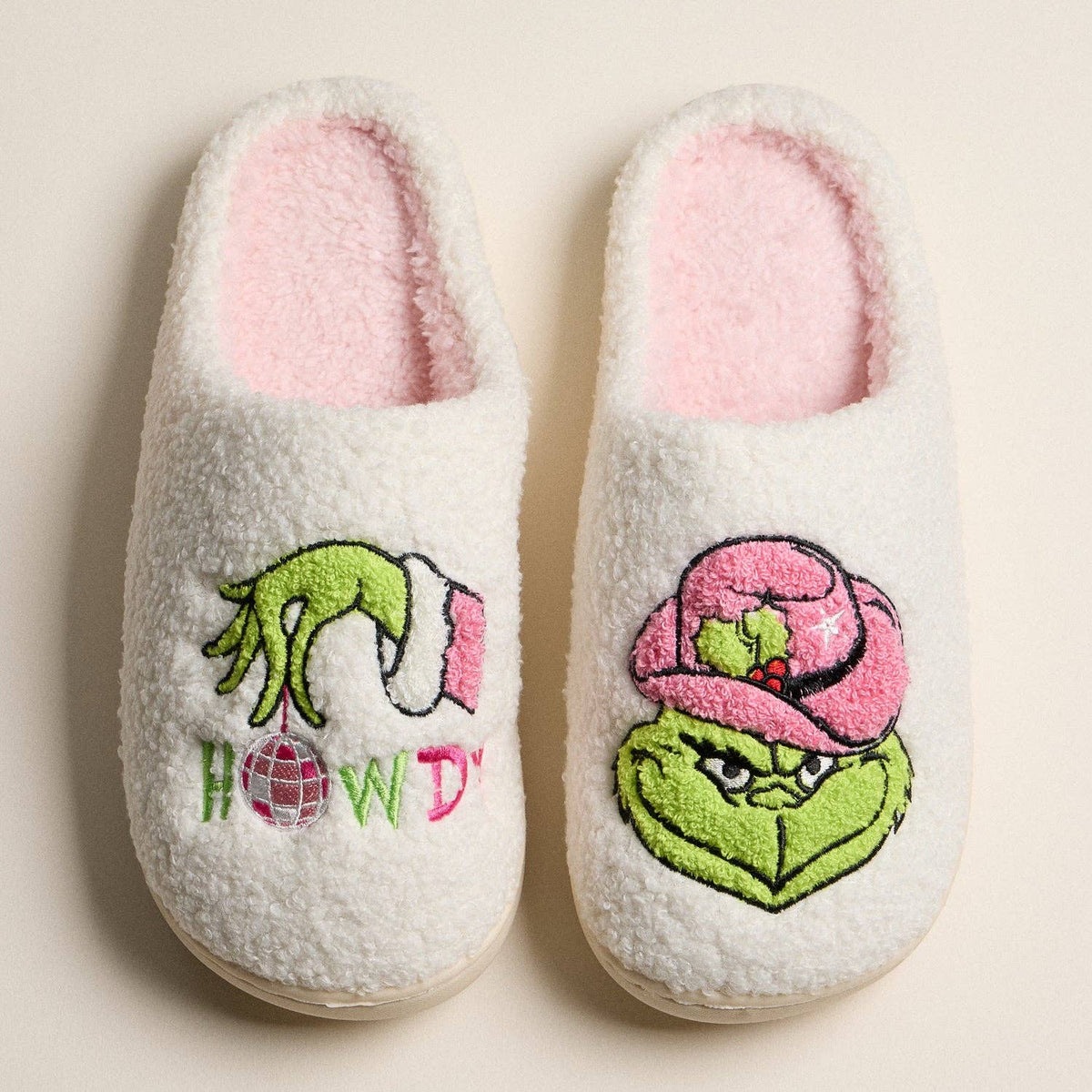 Sherpa Green Monster Howdy Slippers | Cowboy Holiday Home Slippers