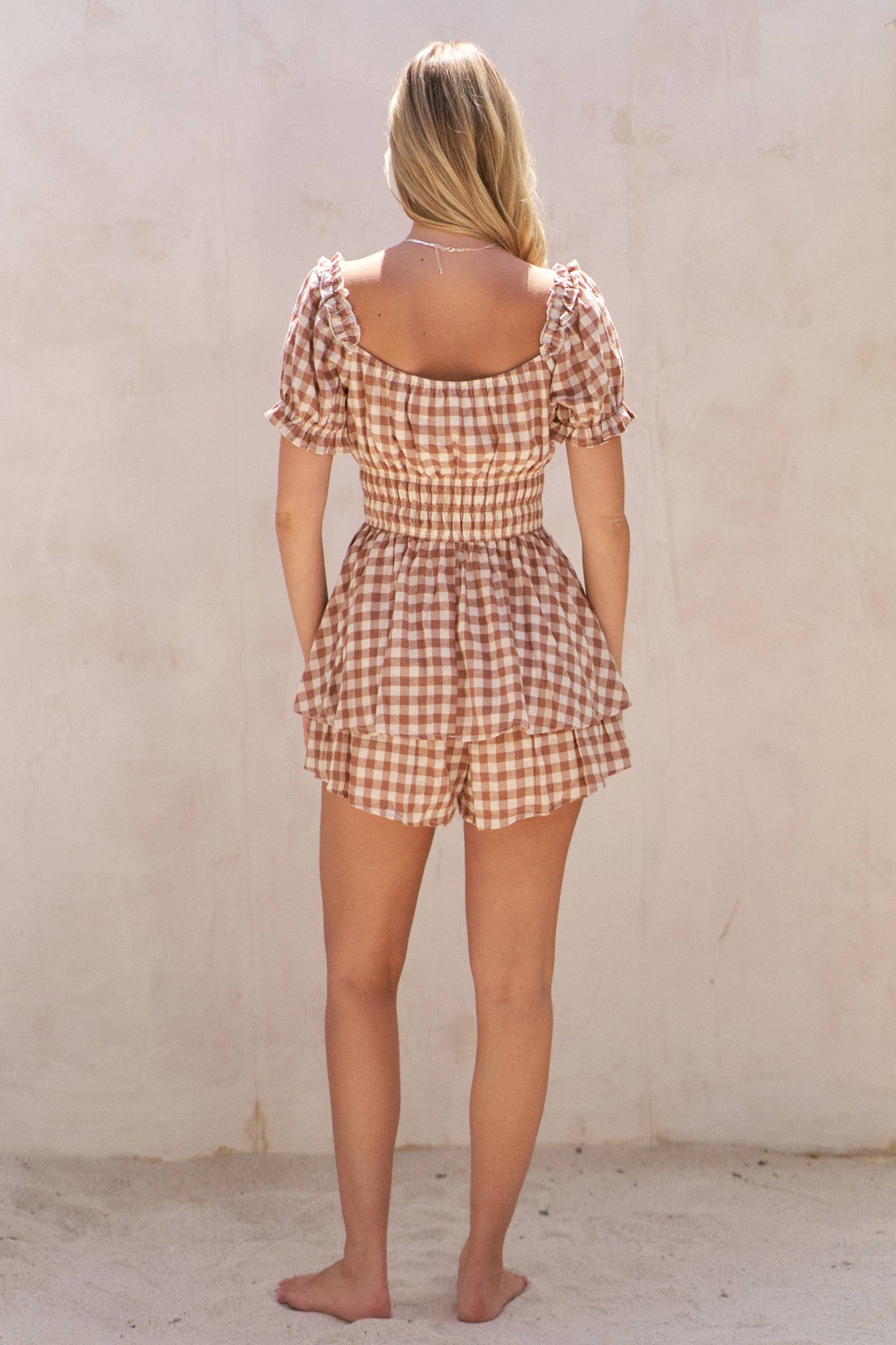 GINGHAM PRINT PUFF SLEEVE ROMPER