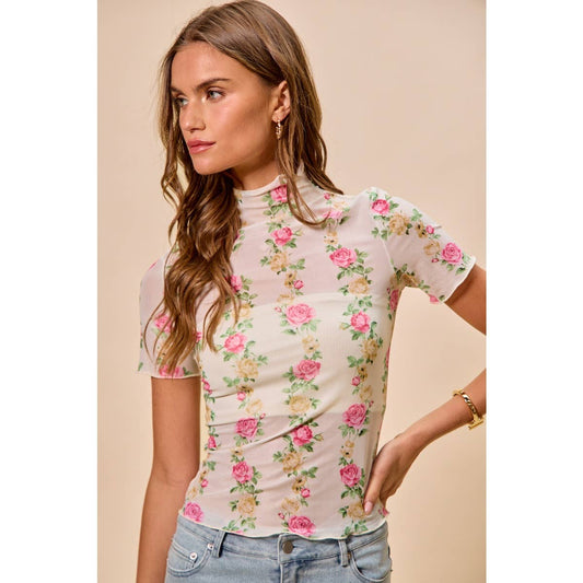 FLORAL ROSE PRINT SHORT SLEEVES MESH TOP