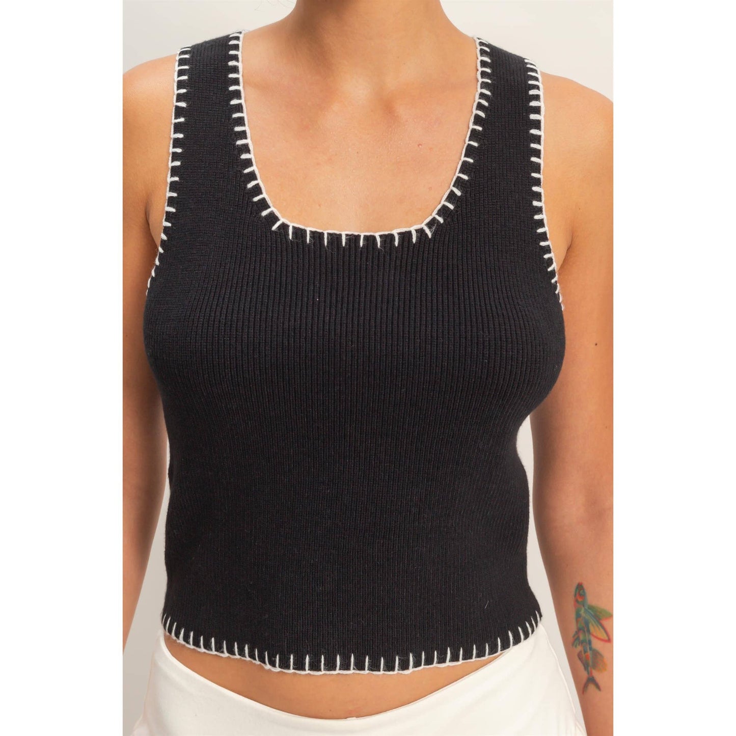 Ribbed Blanket Stitch Square Neck Tank Top