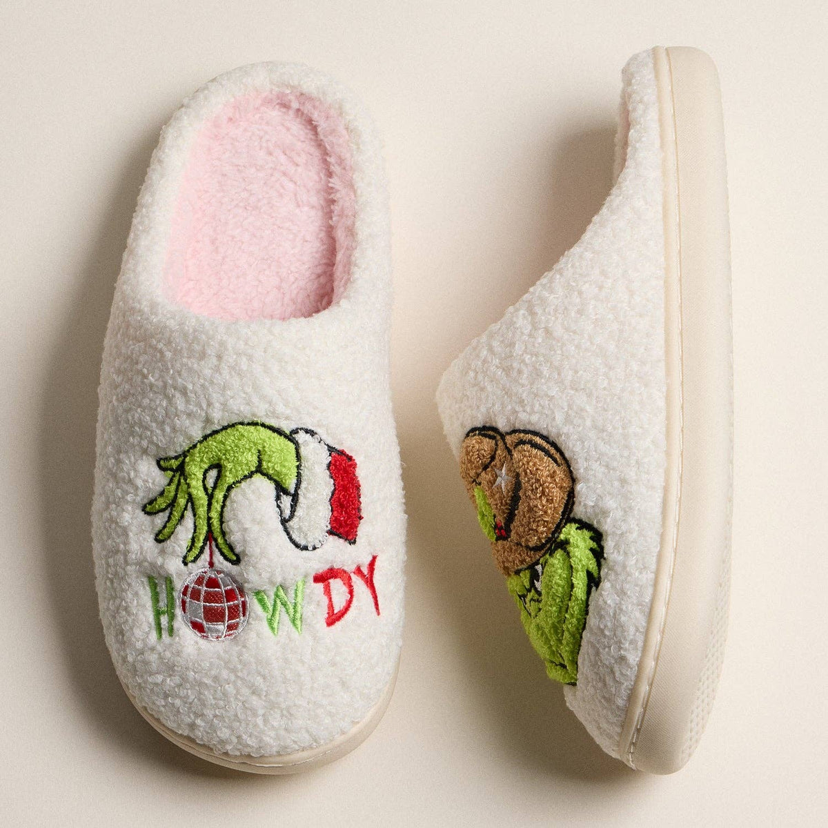 Sherpa Green Monster Howdy Slippers | Cowboy Holiday Home Slippers