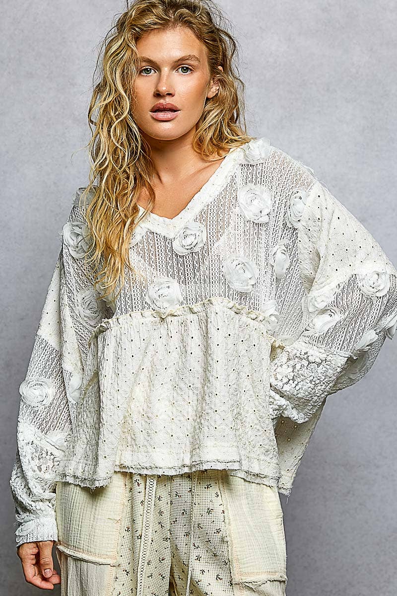 Eyelet Ruffle Balloon Sleeve Top