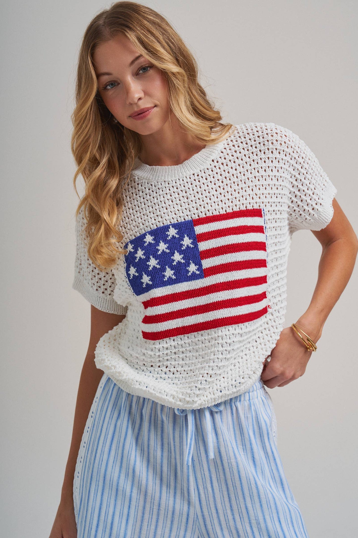 AMERICAN FLAG 4TH OF JULY LOW GAUGE SWEATER TOP