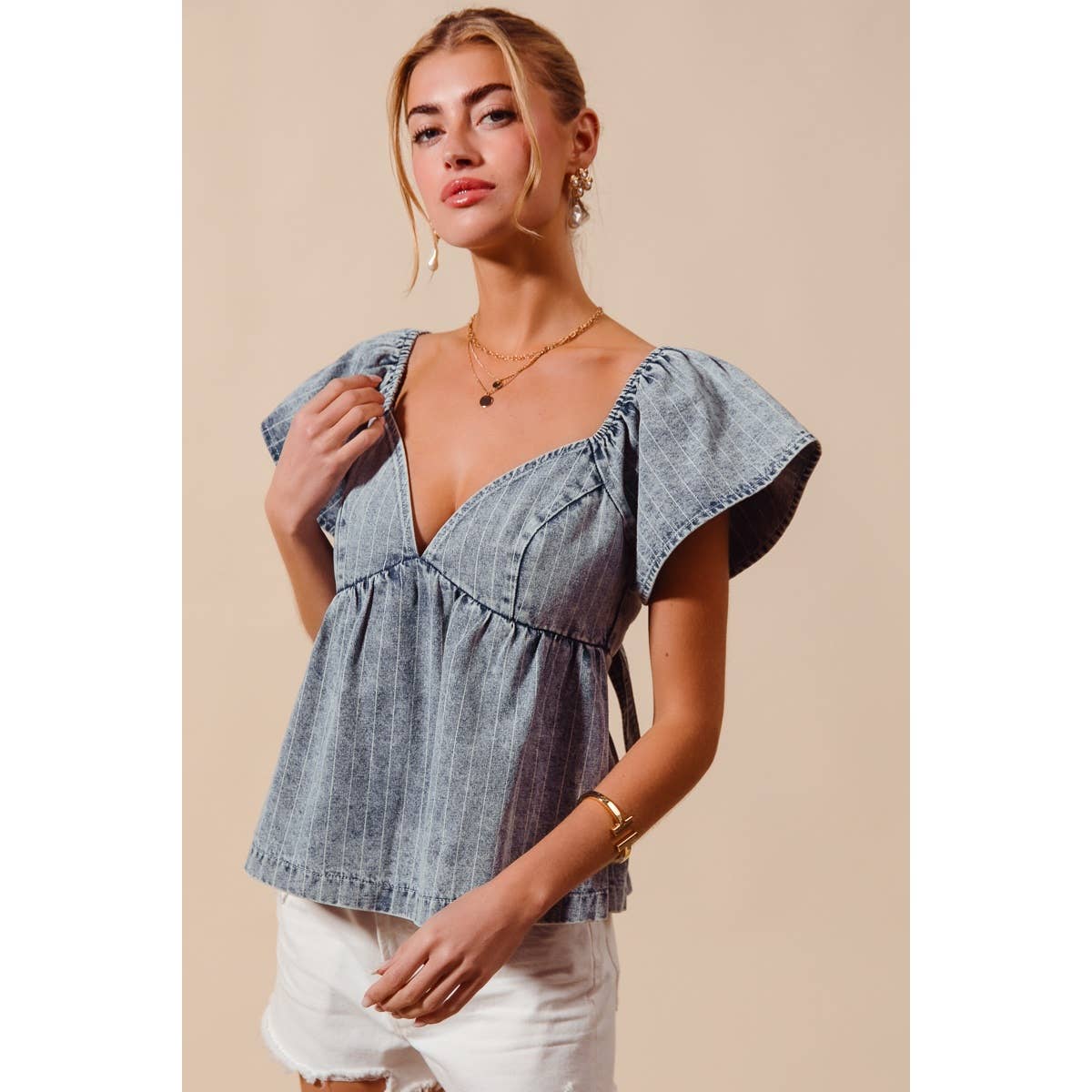 WASHED STRIPE DENIM BABYDOLL TOP