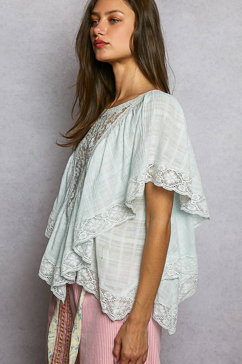 Lace Trim V Ruffle Detail Textured Woven Short Sleeve Top