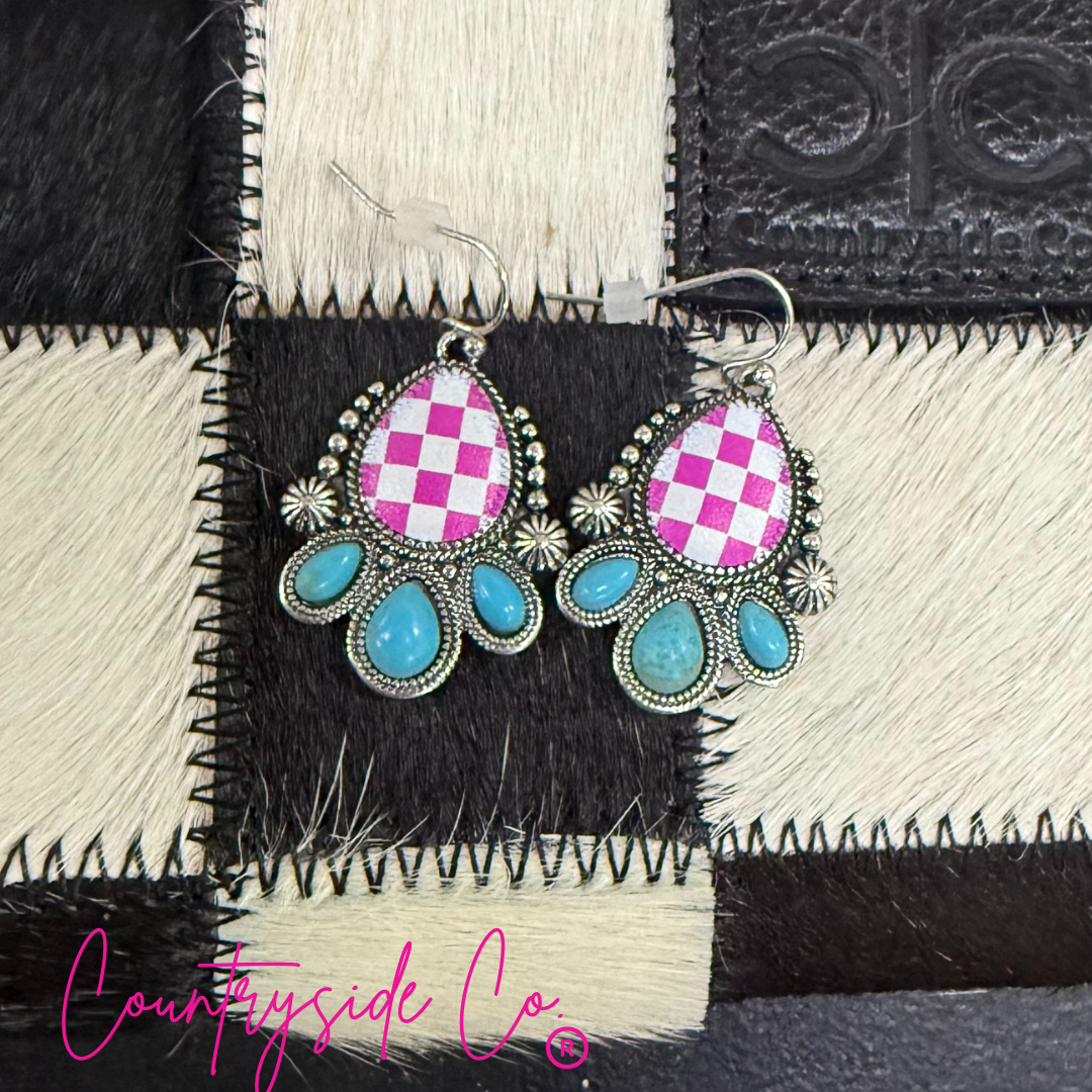 Punchy Western Pink Checkered Dangle Earrings