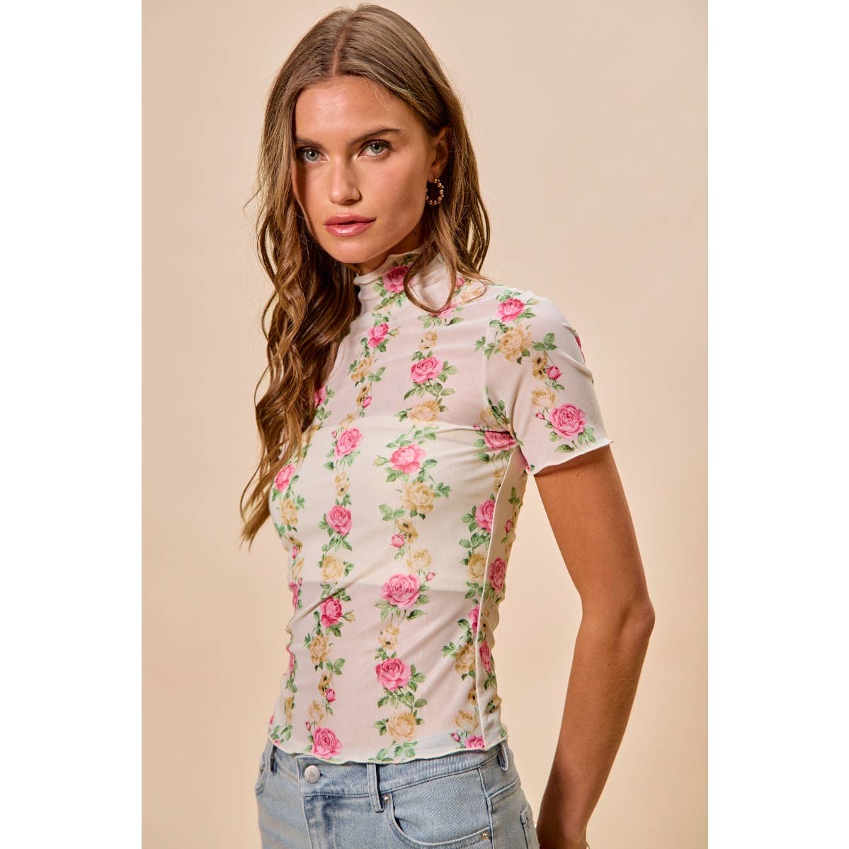 FLORAL ROSE PRINT SHORT SLEEVES MESH TOP