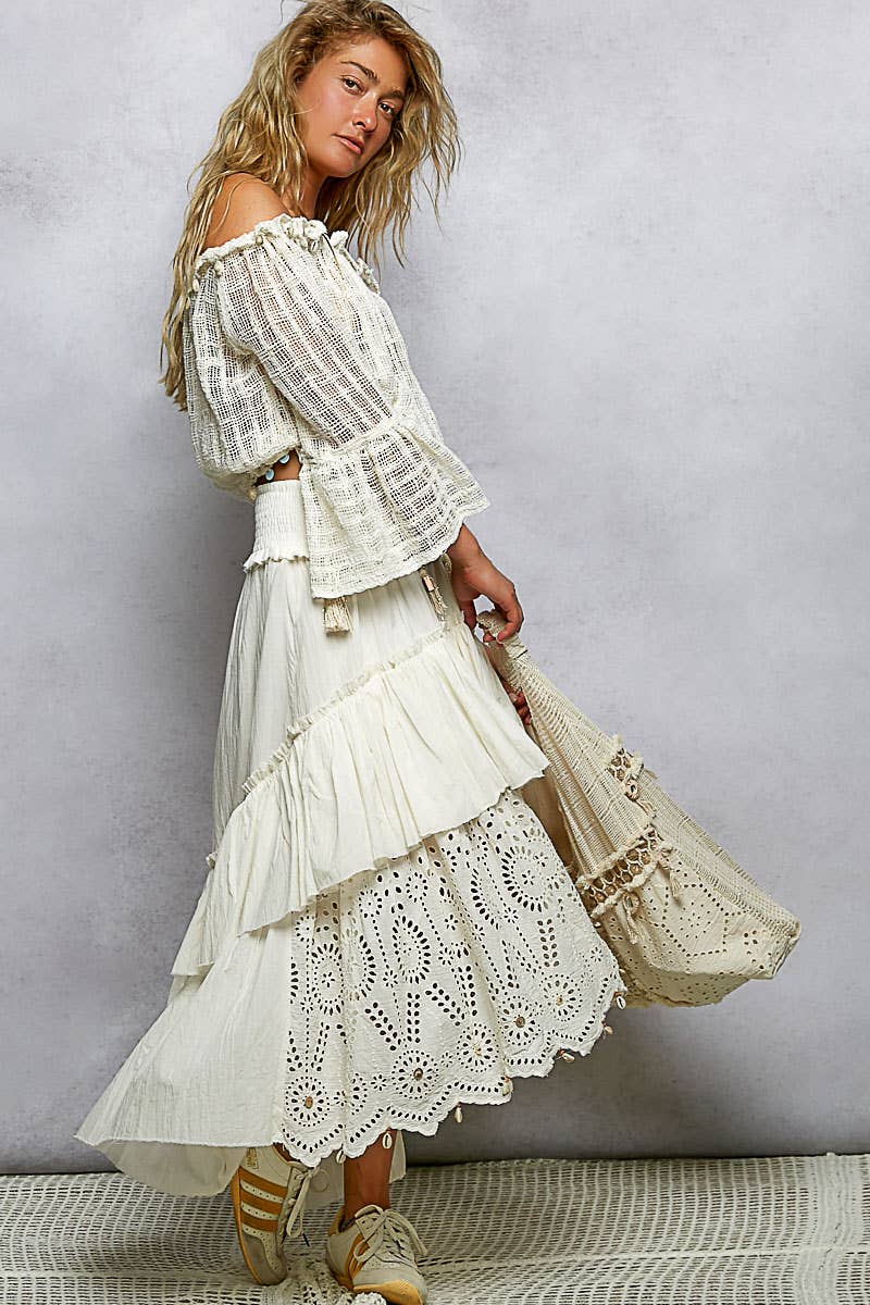 Eyelet Patch Reverse Ruffle Tassel Solid Maxi Skirt
