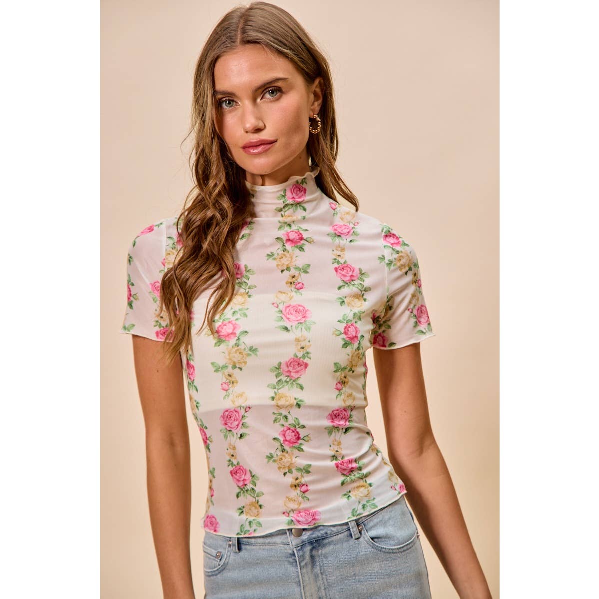 FLORAL ROSE PRINT SHORT SLEEVES MESH TOP