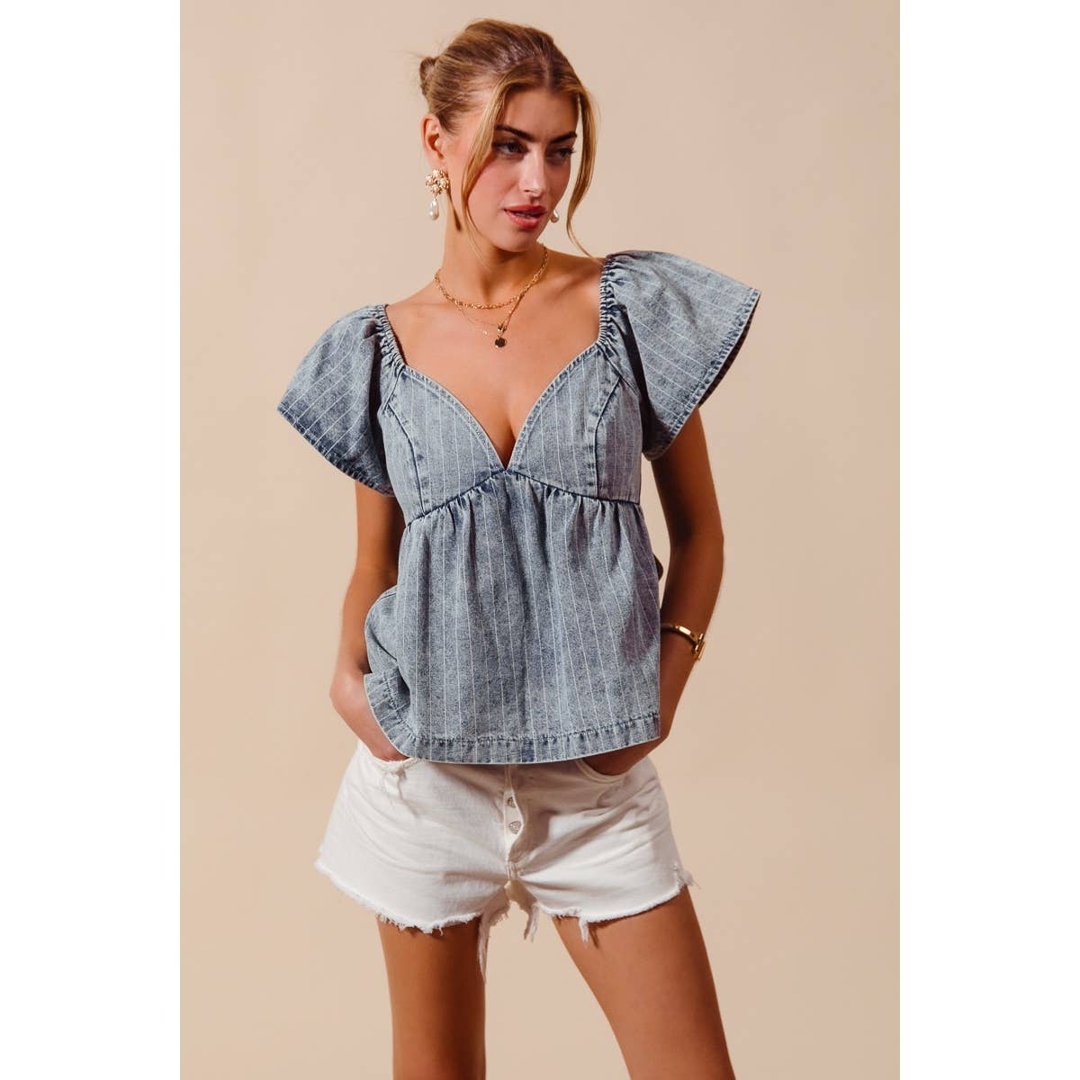 WASHED STRIPE DENIM BABYDOLL TOP