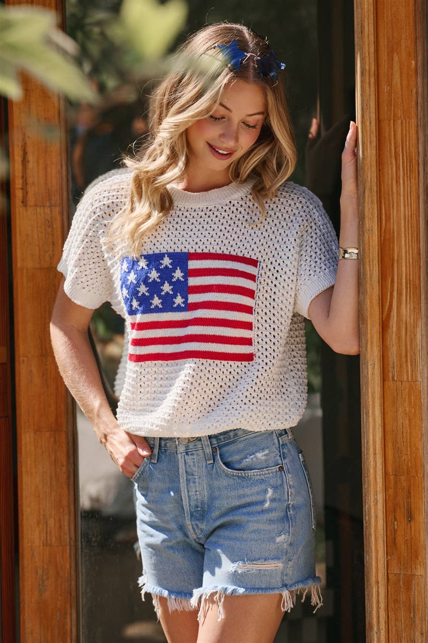 AMERICAN FLAG 4TH OF JULY LOW GAUGE SWEATER TOP
