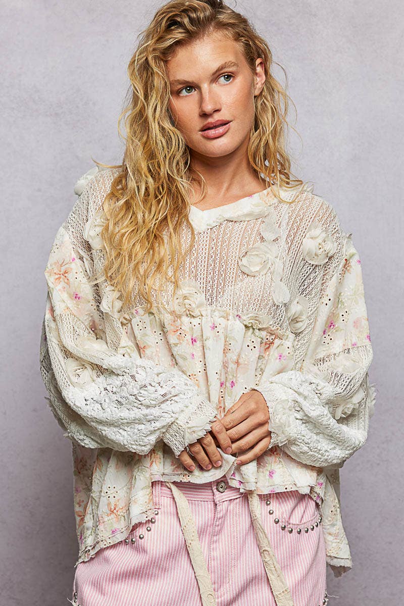 Eyelet Ruffle Balloon Sleeve Top