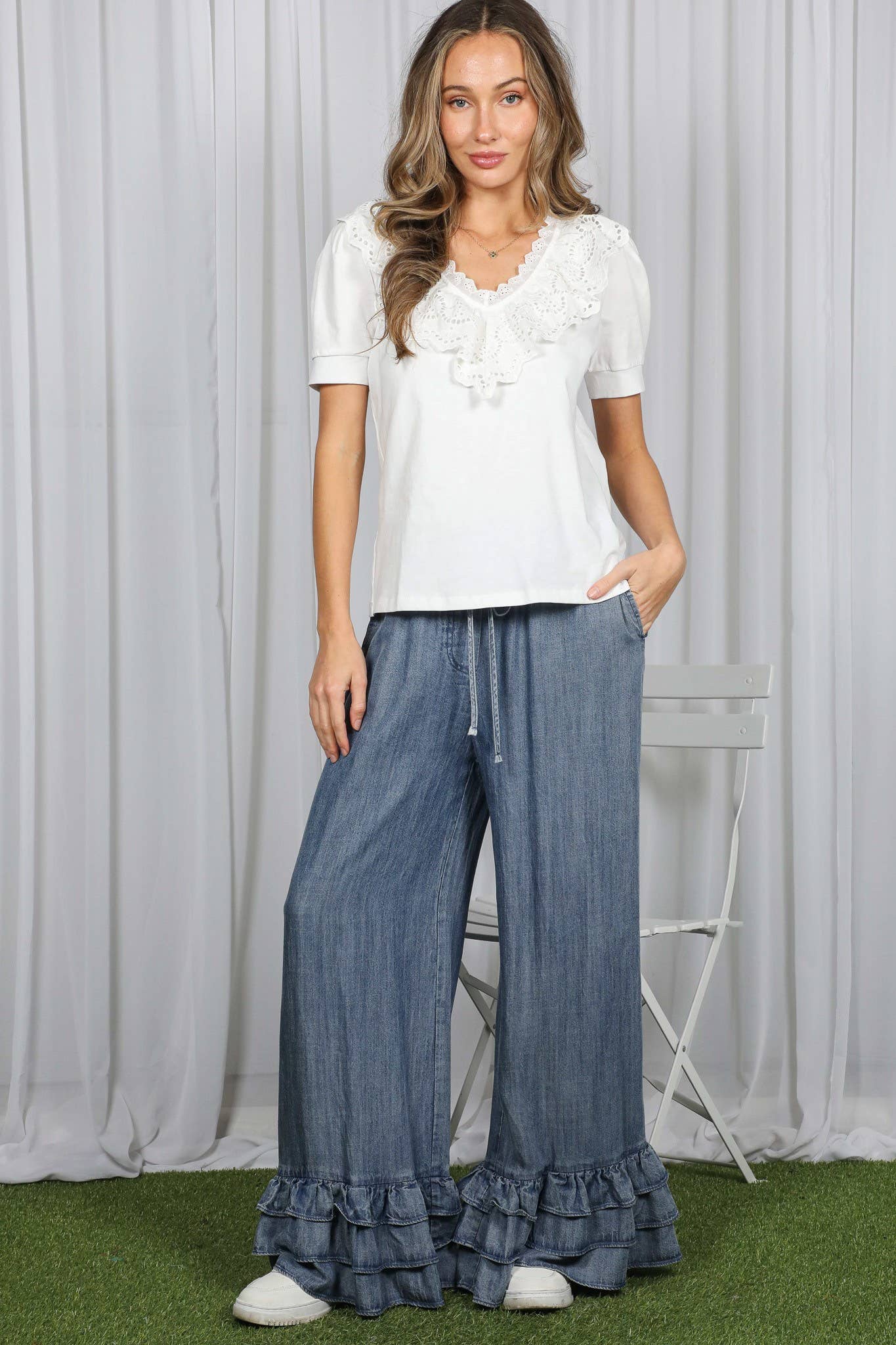 Casual Flared Ruffle Hem Chambray Washed Denim Pants