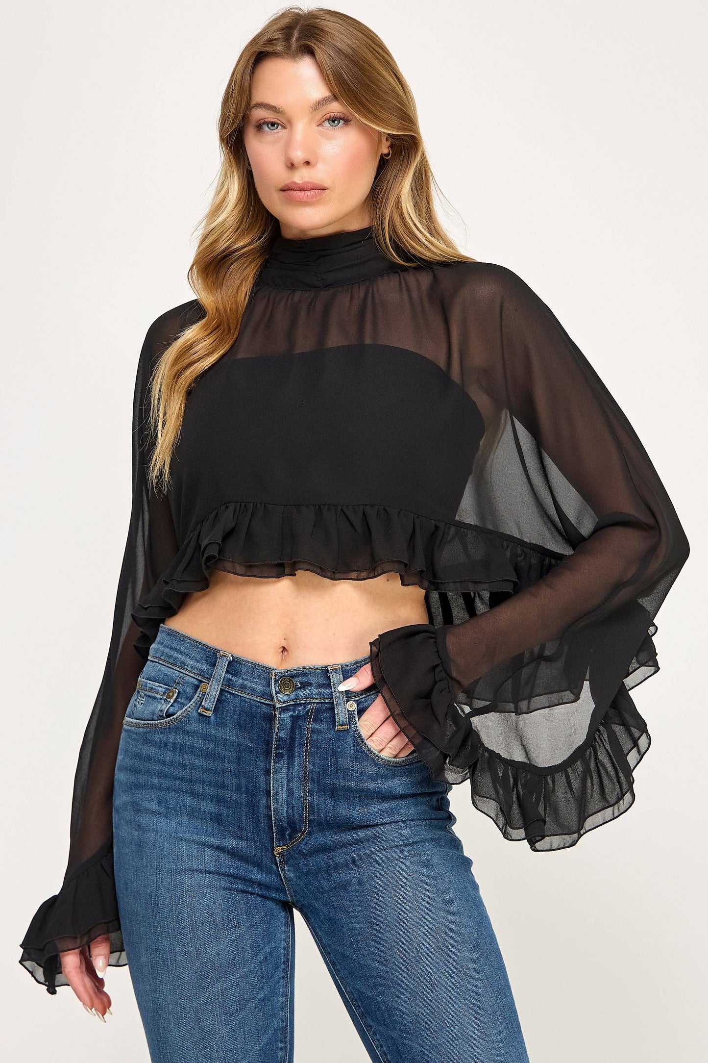 Chiffon Poncho Bell Sleeve Ruffle Crop Top