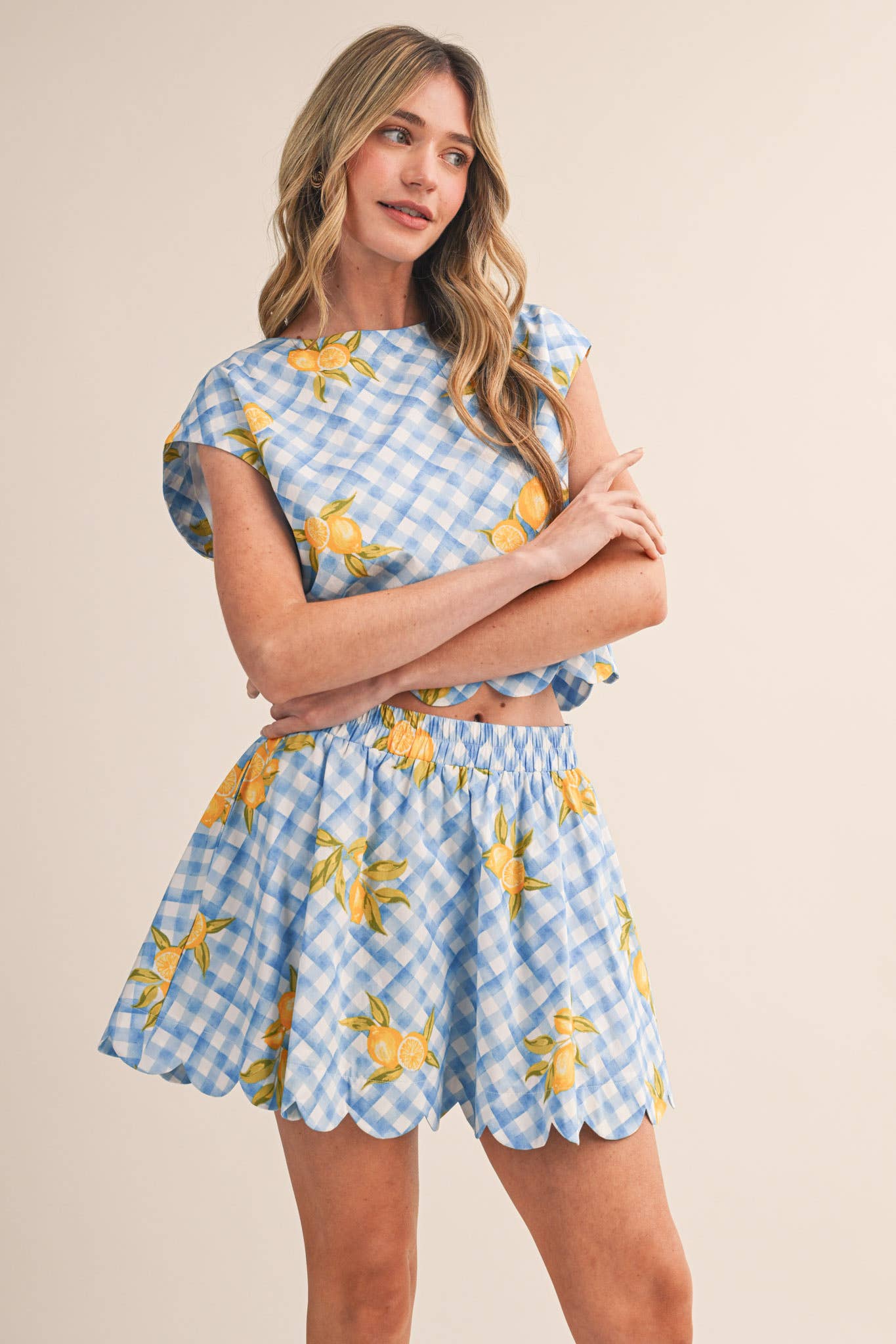 GINGHAM LEMON SCALLOPED TOP & MINI SKORT SET