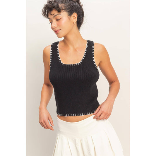 Ribbed Blanket Stitch Square Neck Tank Top