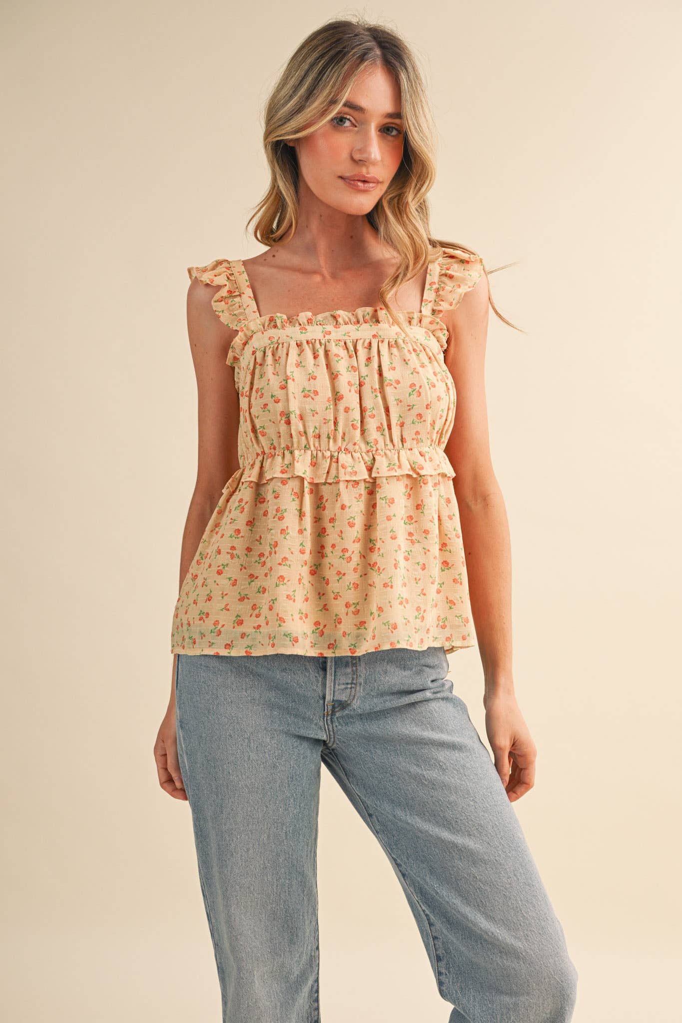 FLORAL RUFFLE TRIM BABYDOLL TOP