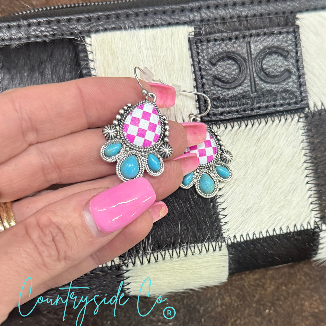Punchy Western Pink Checkered Dangle Earrings