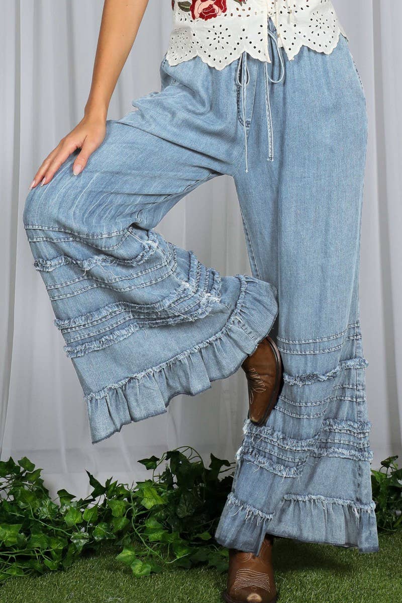 Flared Ruffle Hem Washed Chambray Crop Denim Pants