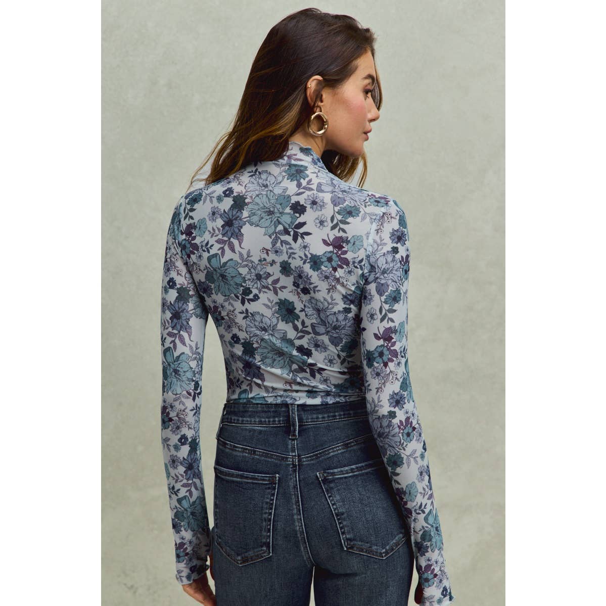 FLORAL PRINT MESH KNIT LONG SLEEVES TOP