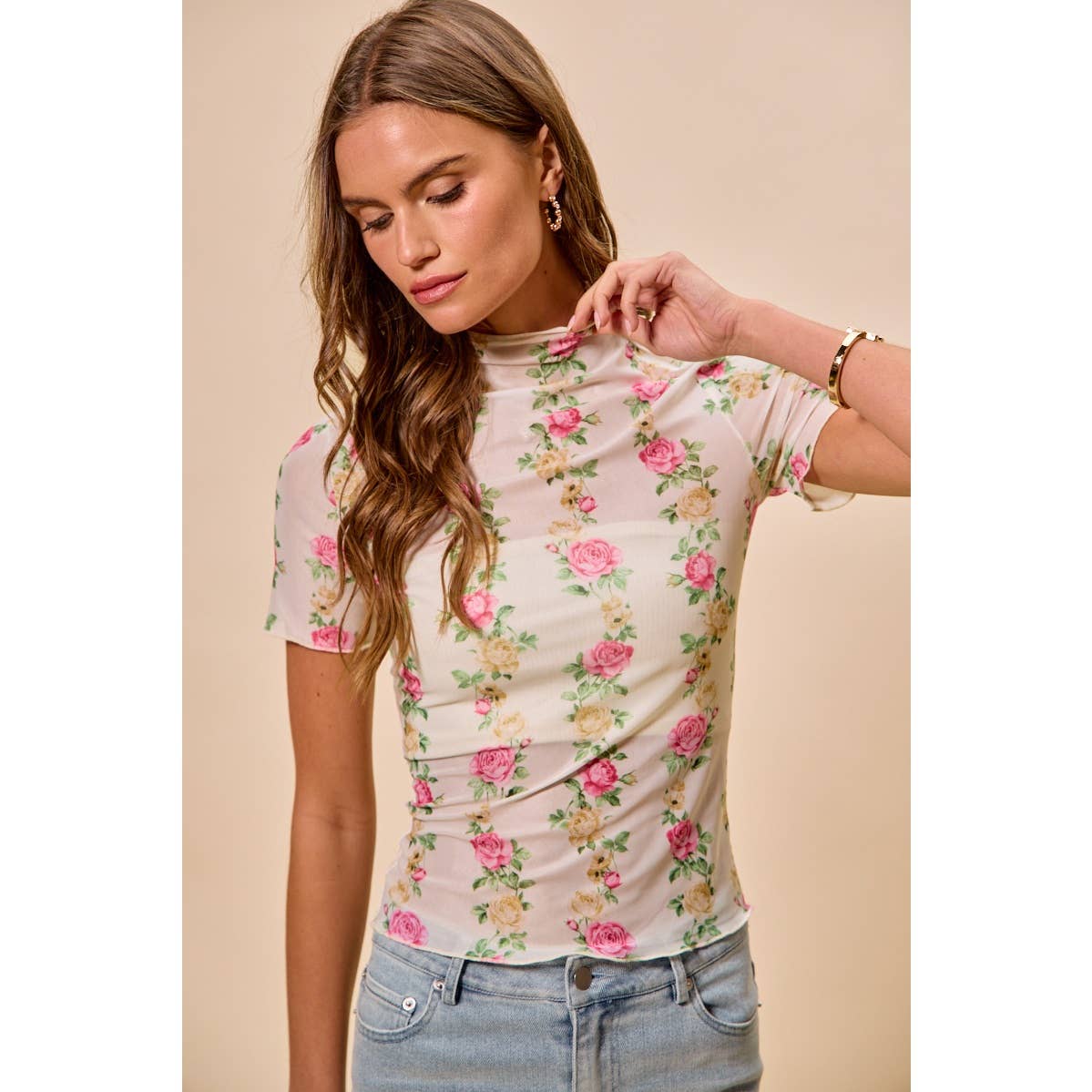 FLORAL ROSE PRINT SHORT SLEEVES MESH TOP