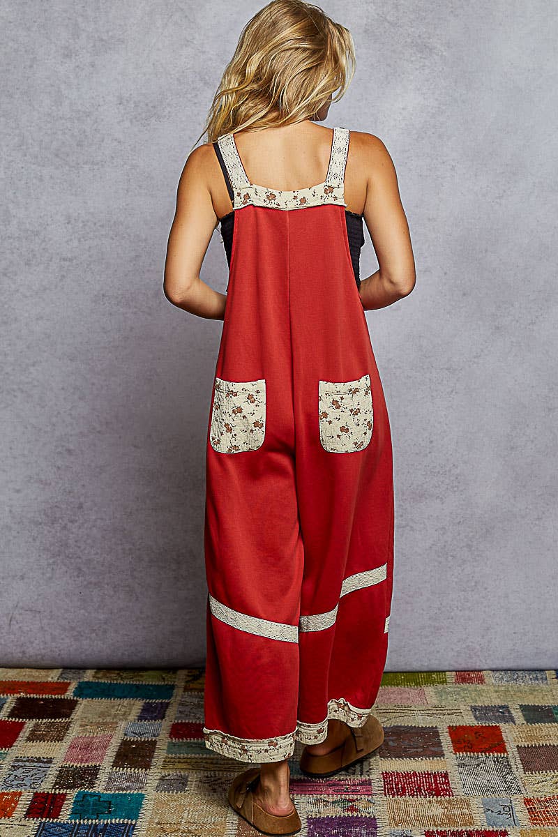 Vintage washing print patch solid French terry knit overalls