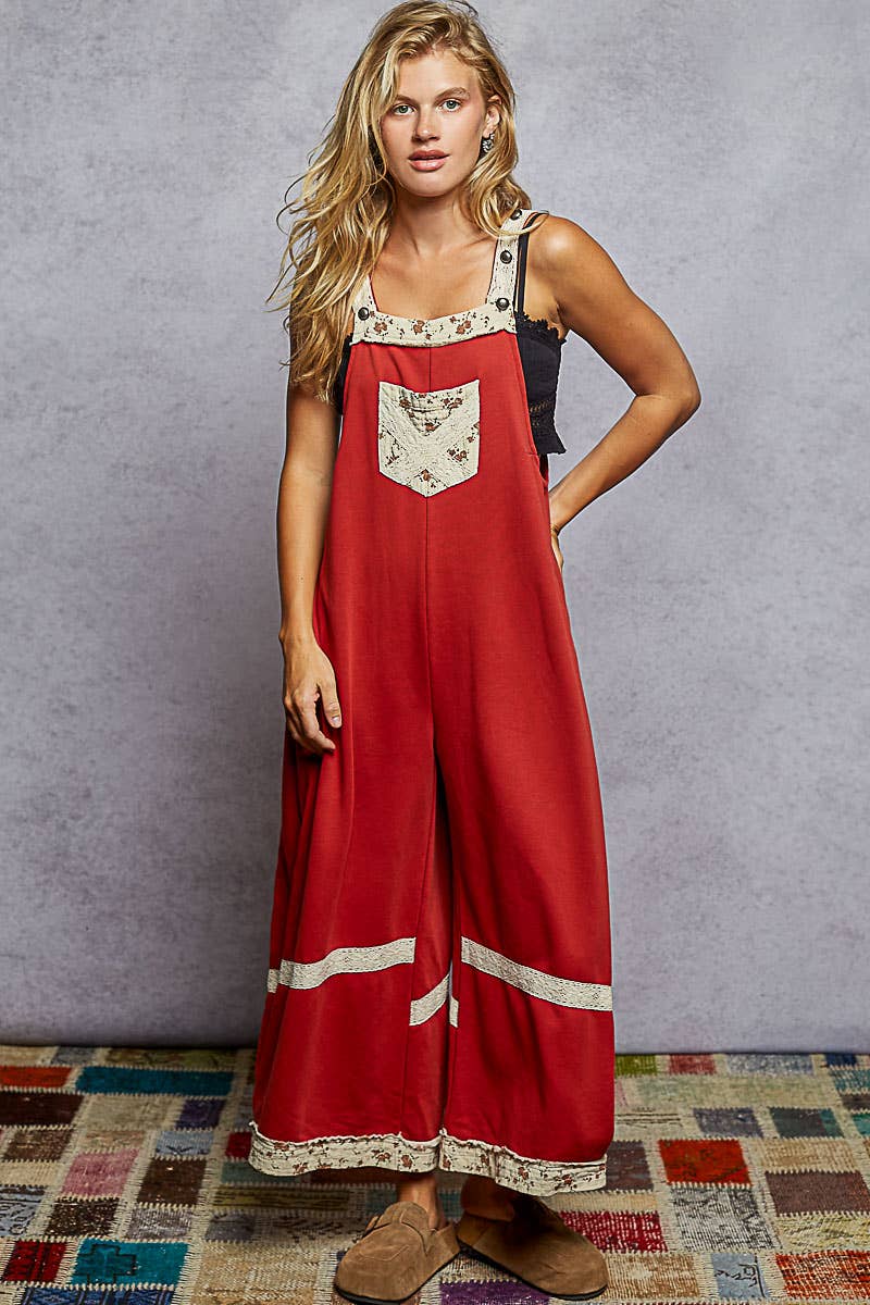 Vintage washing print patch solid French terry knit overalls