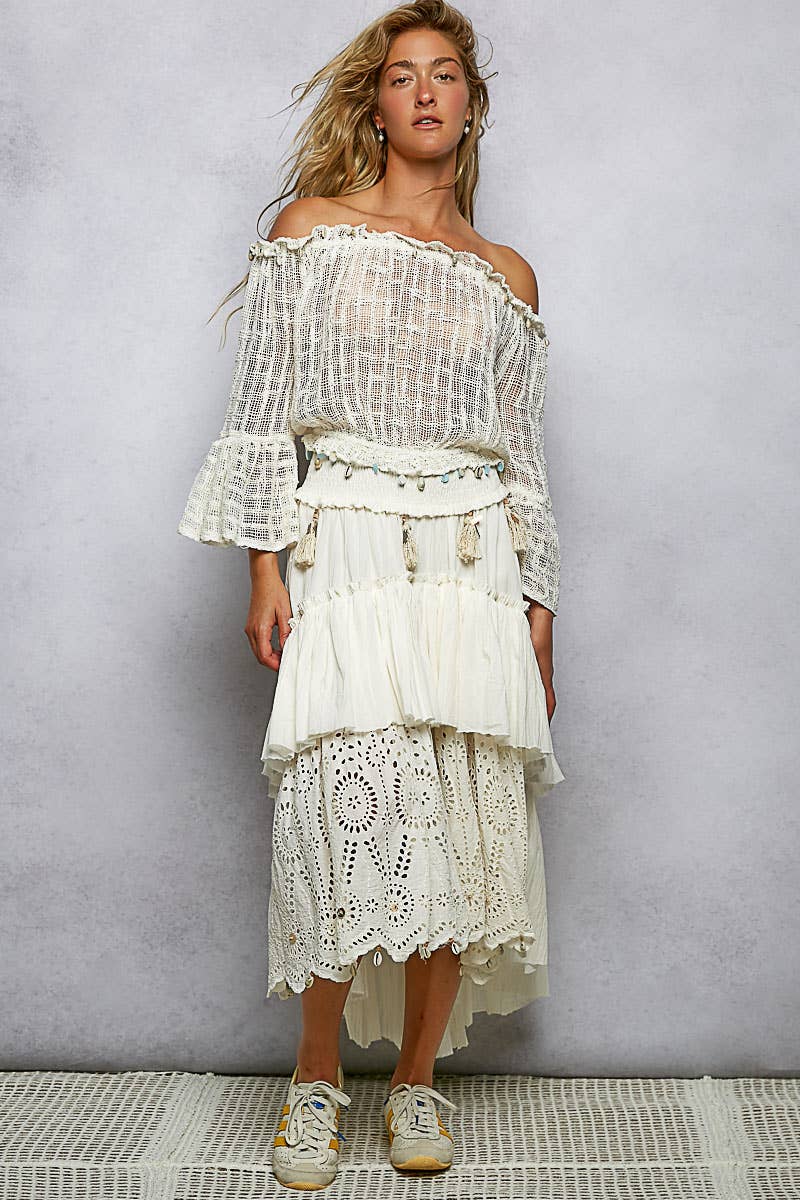 Eyelet Patch Reverse Ruffle Tassel Solid Maxi Skirt