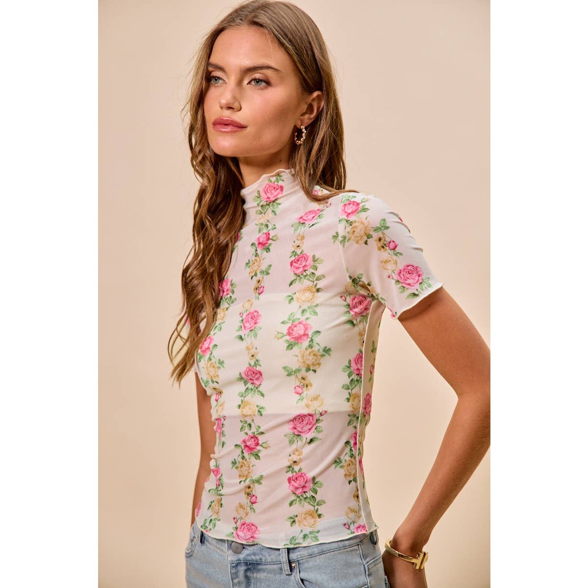 FLORAL ROSE PRINT SHORT SLEEVES MESH TOP