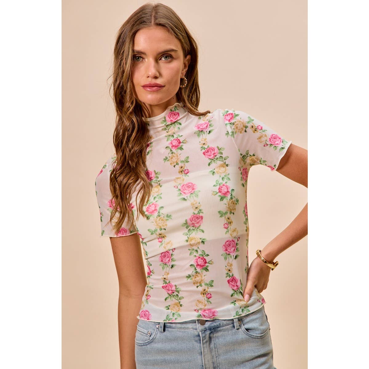 FLORAL ROSE PRINT SHORT SLEEVES MESH TOP