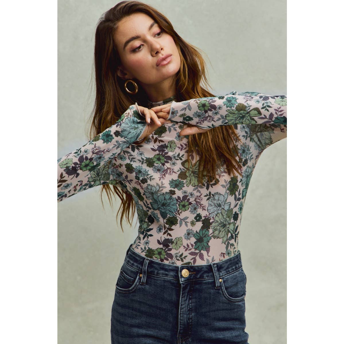 FLORAL PRINT MESH KNIT LONG SLEEVES TOP