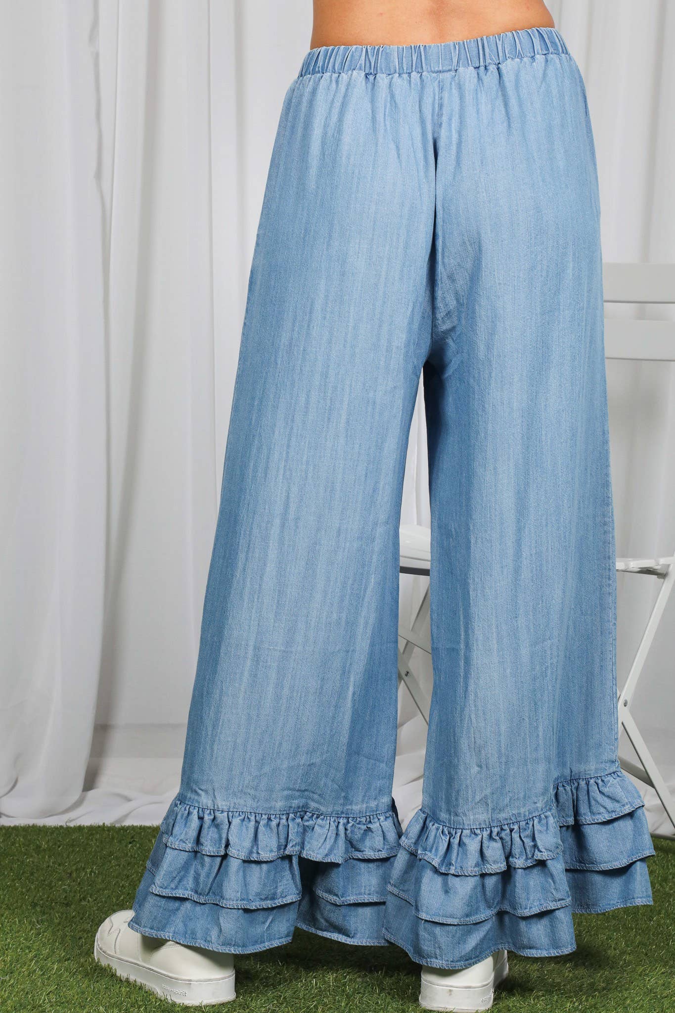 Casual Flared Ruffle Hem Chambray Washed Denim Pants