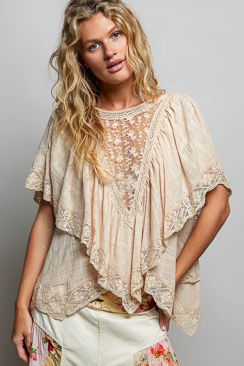Lace Trim V Ruffle Detail Textured Woven Short Sleeve Top