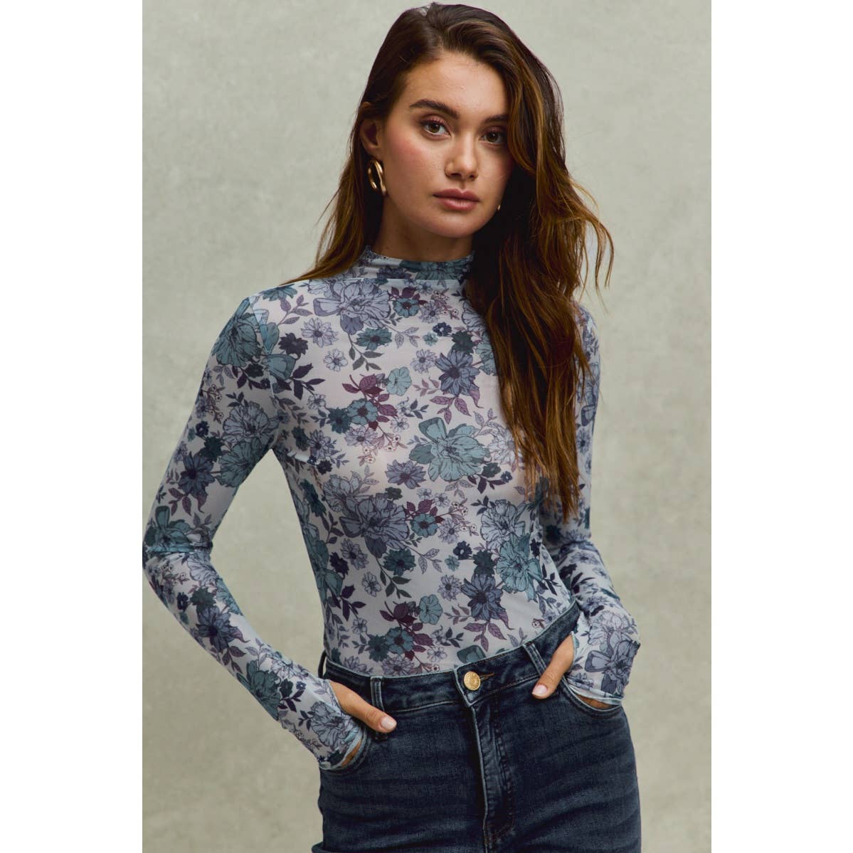 FLORAL PRINT MESH KNIT LONG SLEEVES TOP