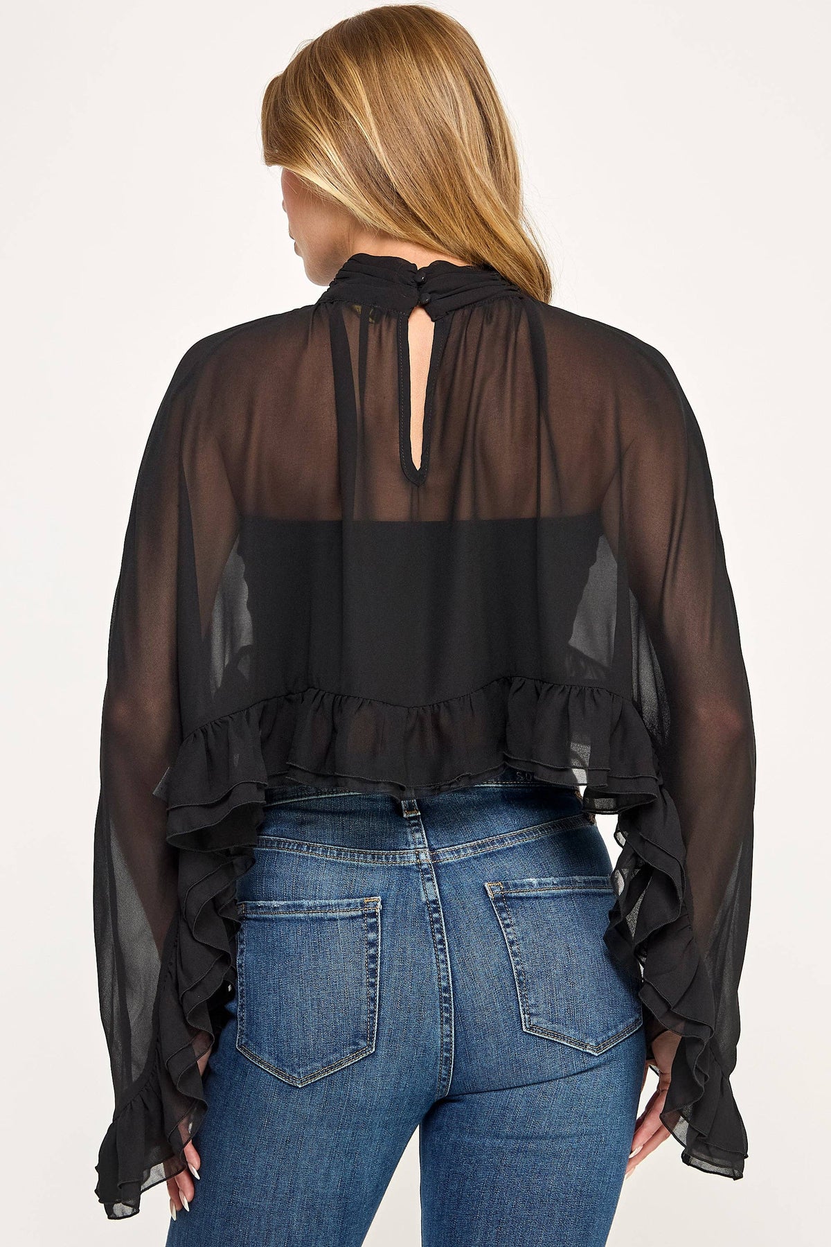 Chiffon Poncho Bell Sleeve Ruffle Crop Top