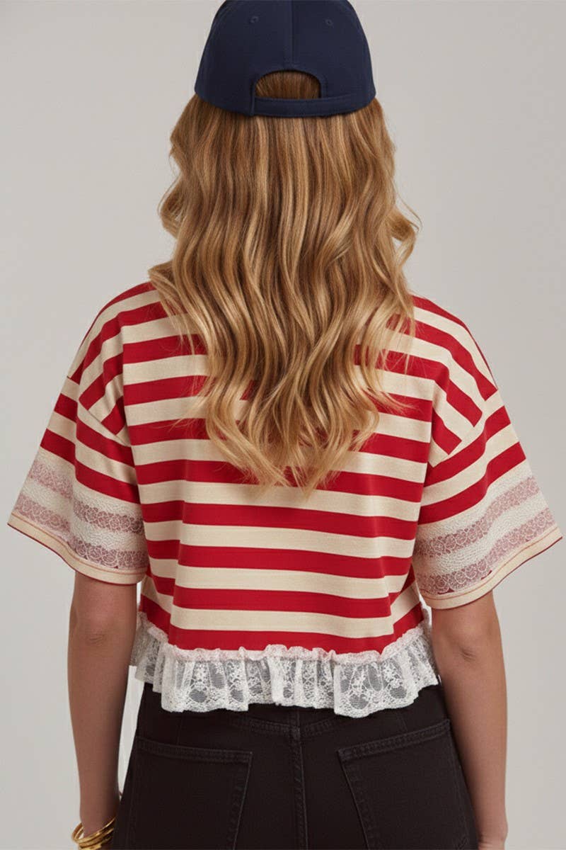 STRIPED AMERICA LETTERING PRINT 4TH OF JULY TOP WITH LACE