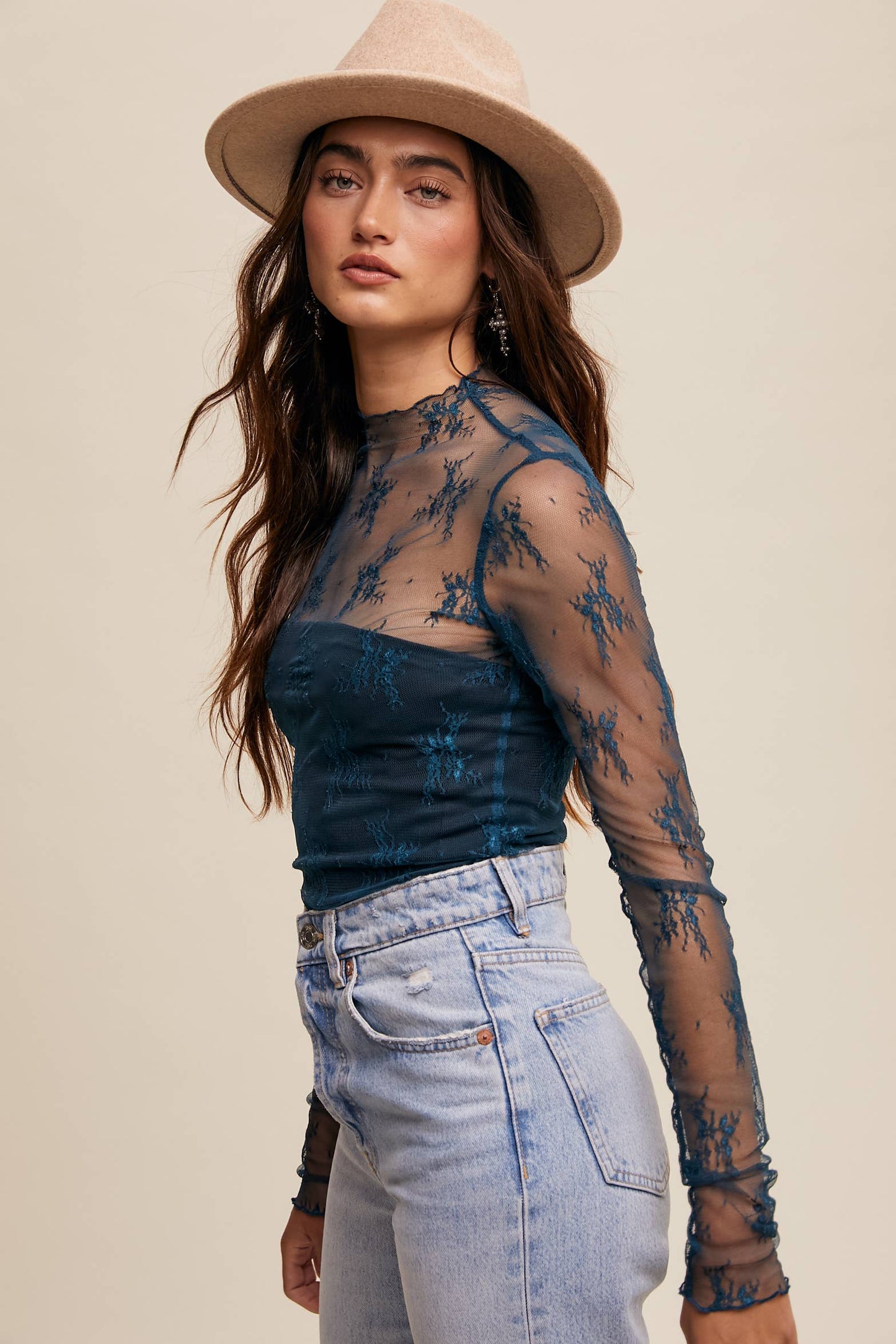 Sheer Lace Long-Sleeve Top