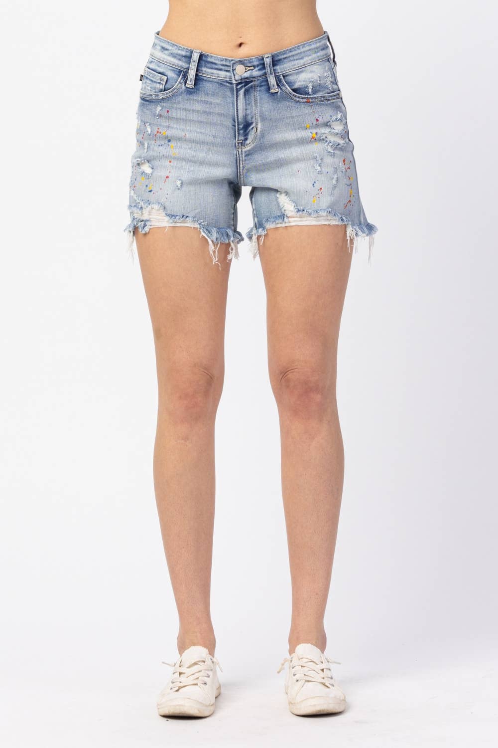 MID-RISE RAINBOW PAINT SPLASH CUTOFF SHORTS