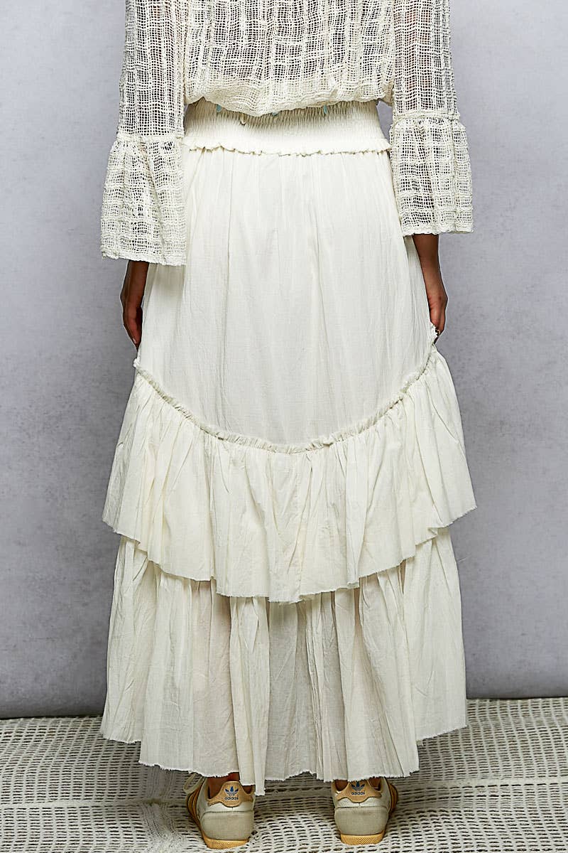 Eyelet Patch Reverse Ruffle Tassel Solid Maxi Skirt