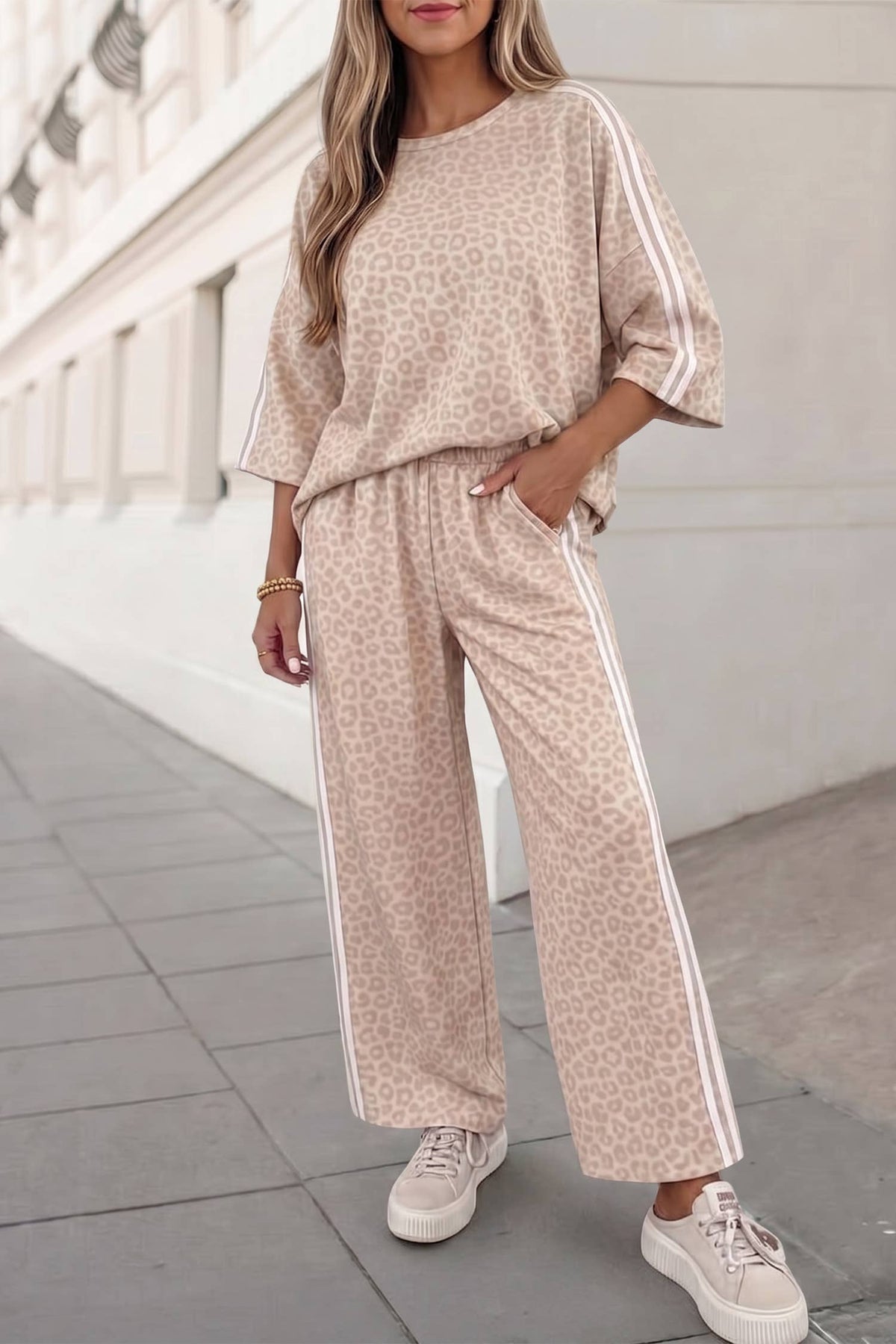 Leopard Print Striped Detail Crewneck Pants Set