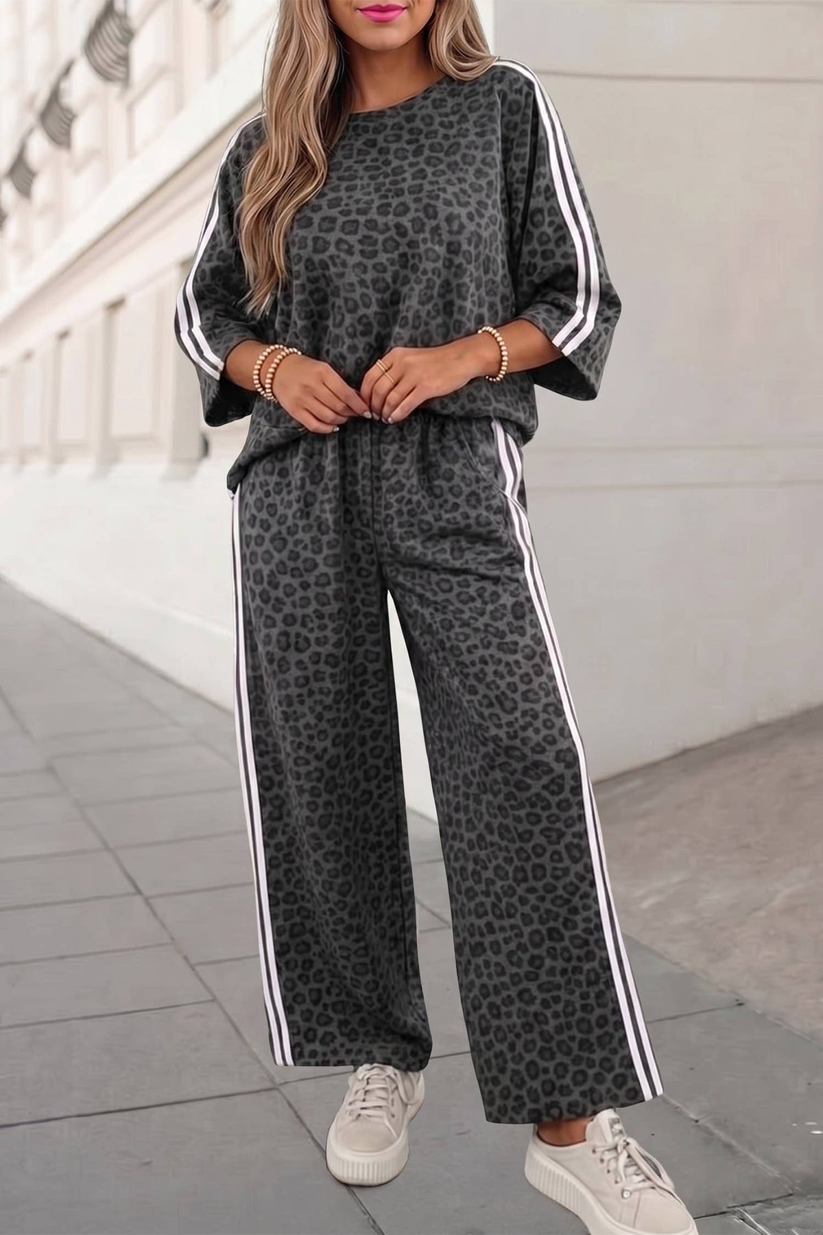 Leopard Print Striped Detail Crewneck Pants Set