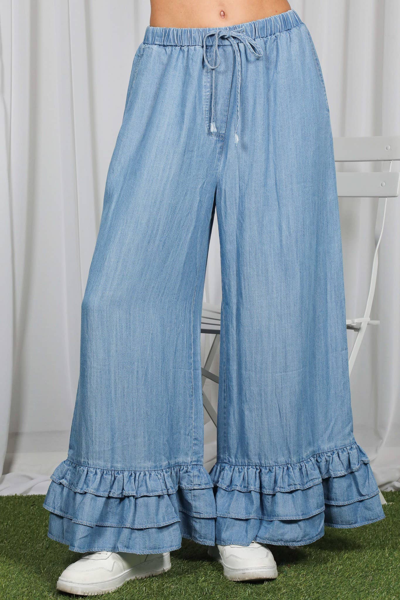 Casual Flared Ruffle Hem Chambray Washed Denim Pants